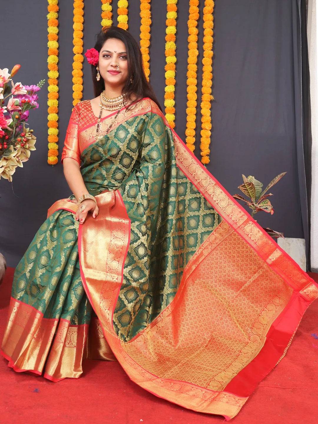 Green Banarasi Brocade Saree by My Store