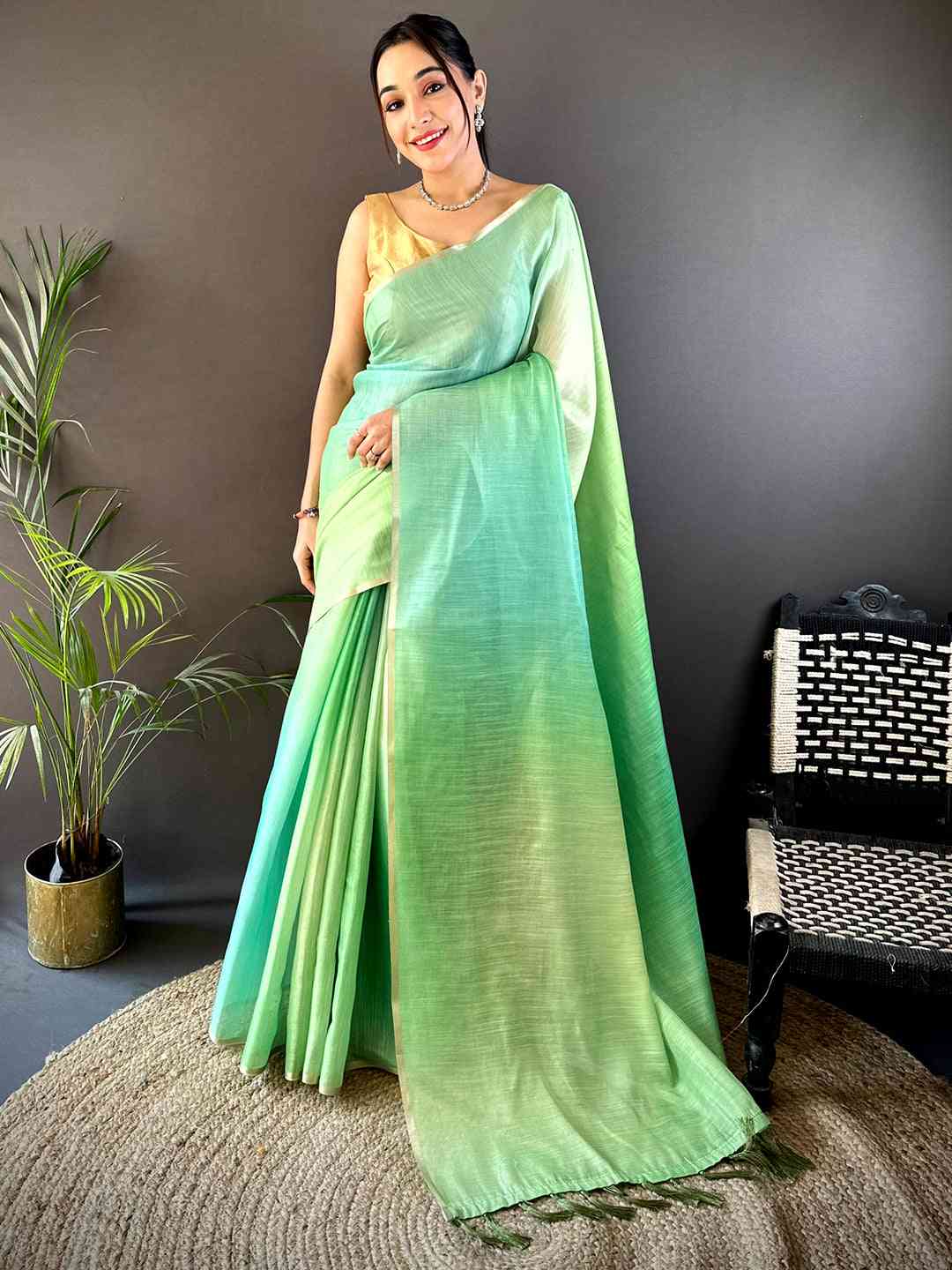 Green Ombre Chanderi Tissue Saree by My Store
