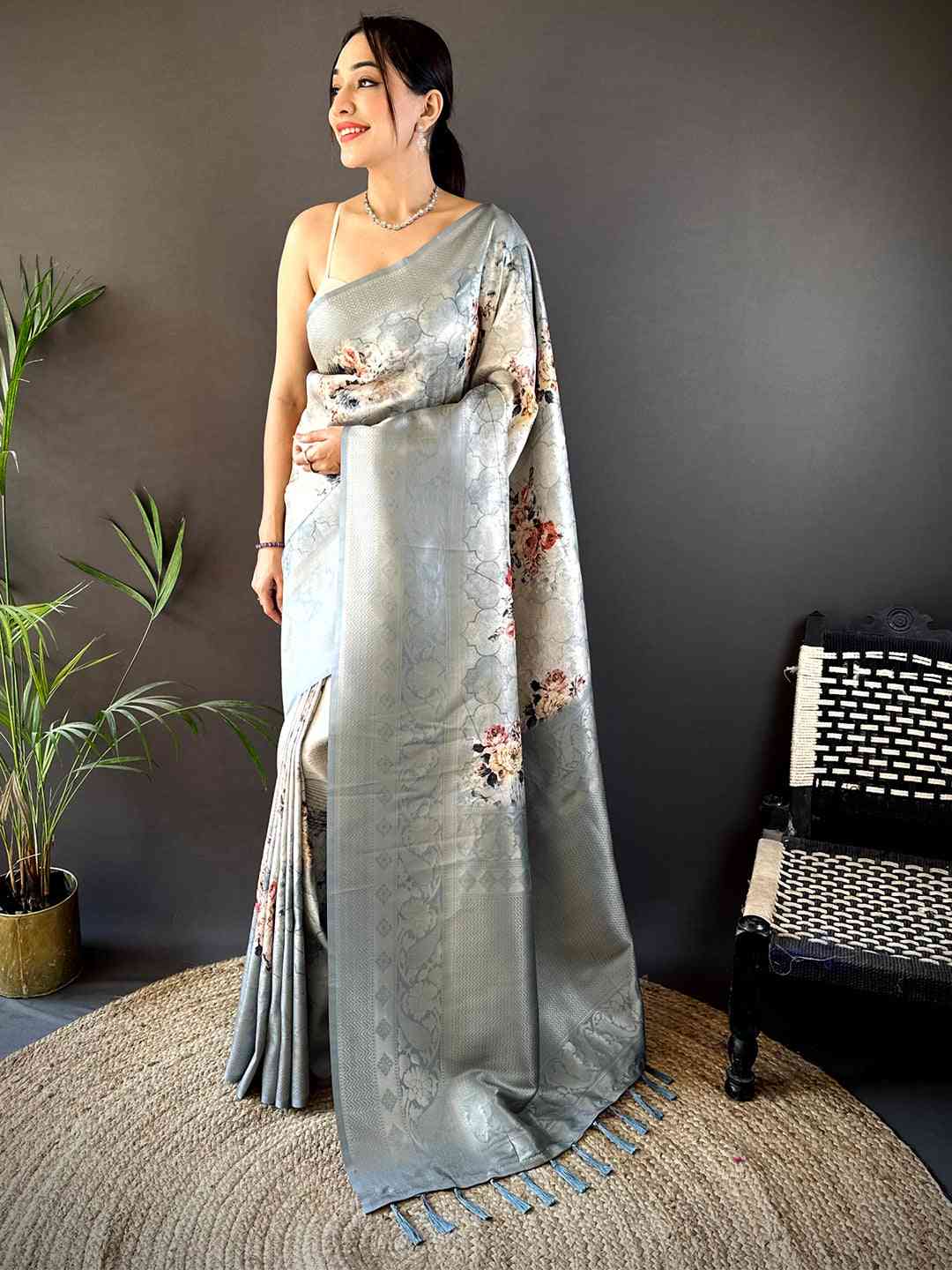 Pastel Blue Kanjivaram Digital Silk Saree by My Store