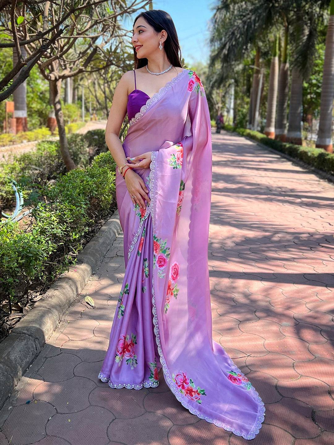 Lavender Satin Georgette Floral Print Saree