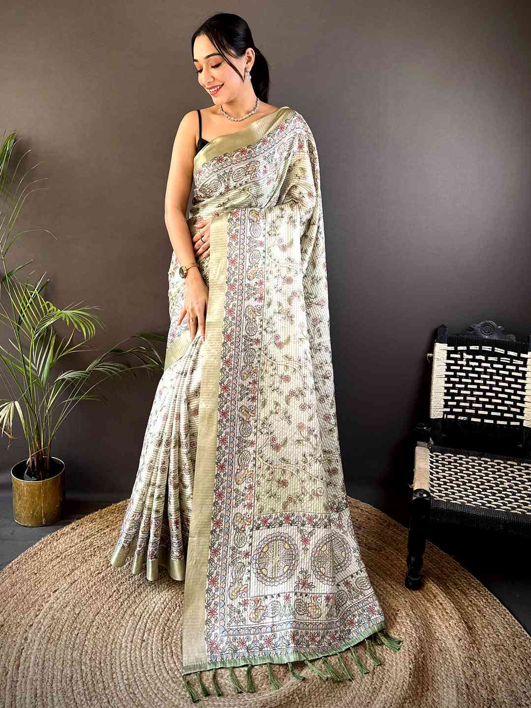 Sage Green Chanderi Madhubani Black Chex Saree by My Store