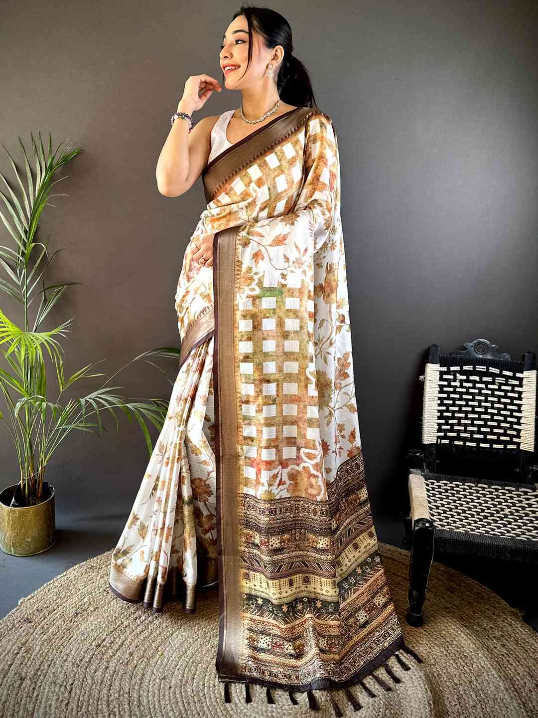 Coffee Brown Kota Doriya Floral Print Saree by My Store
