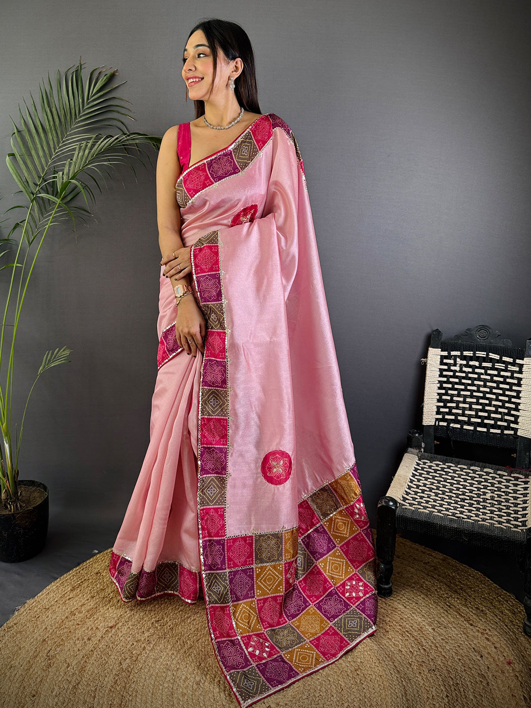 Pink Patch Butta Soft Silk Saree by My Store