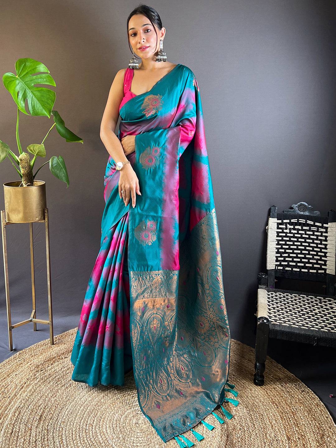Rani Tussar Silk Ikkat Weaving Saree by My Store