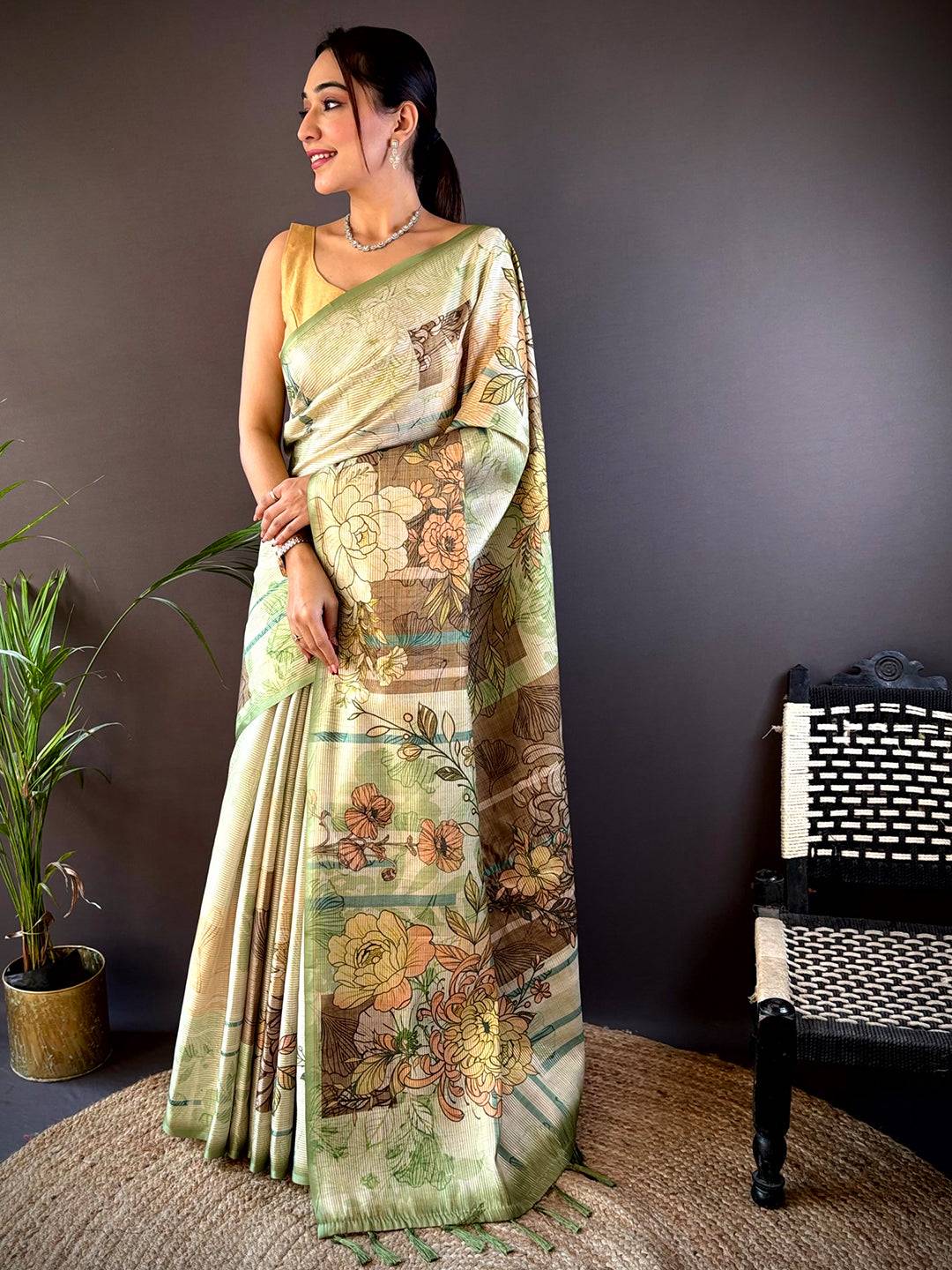 Mint Green Tussar Floral Saree by My Store