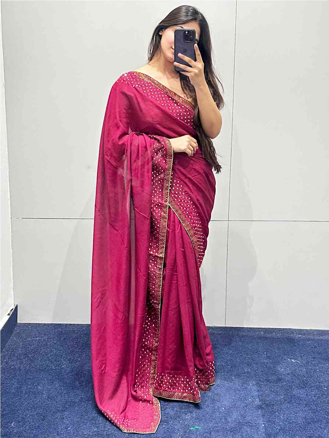 Wine colour Vichitra Silk Saree With Embellish Swarovski Stone work
