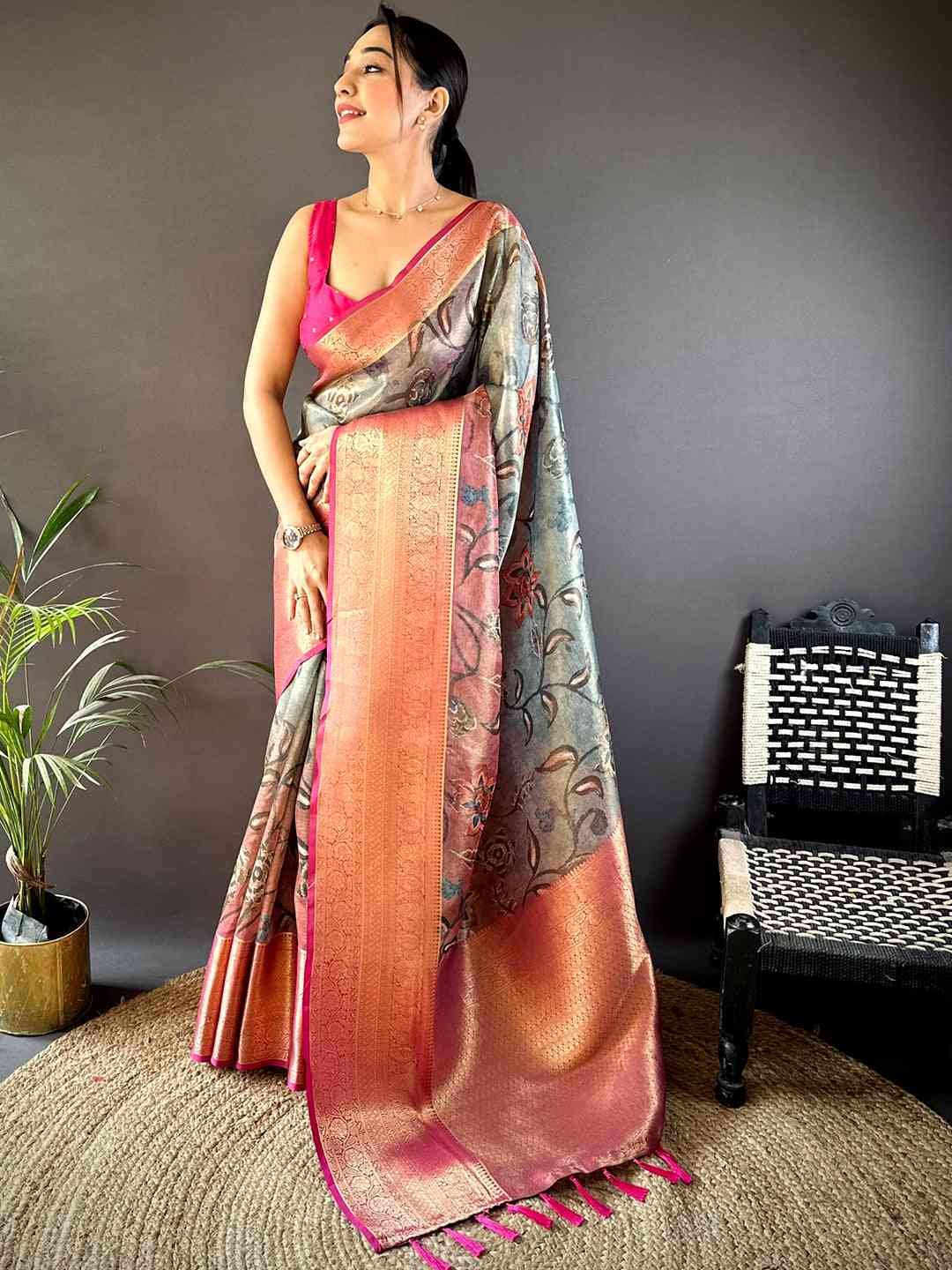 Omber Kalamkari Gold Zari Tissue Saree by My Store