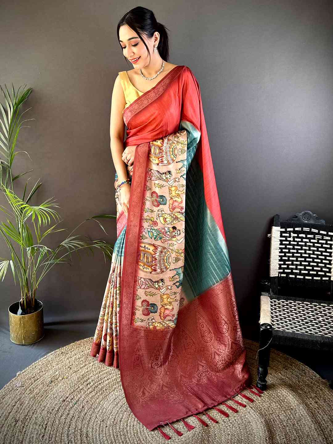 Rose Red Kalamkari Ombre Soft Silk Saree by My Store