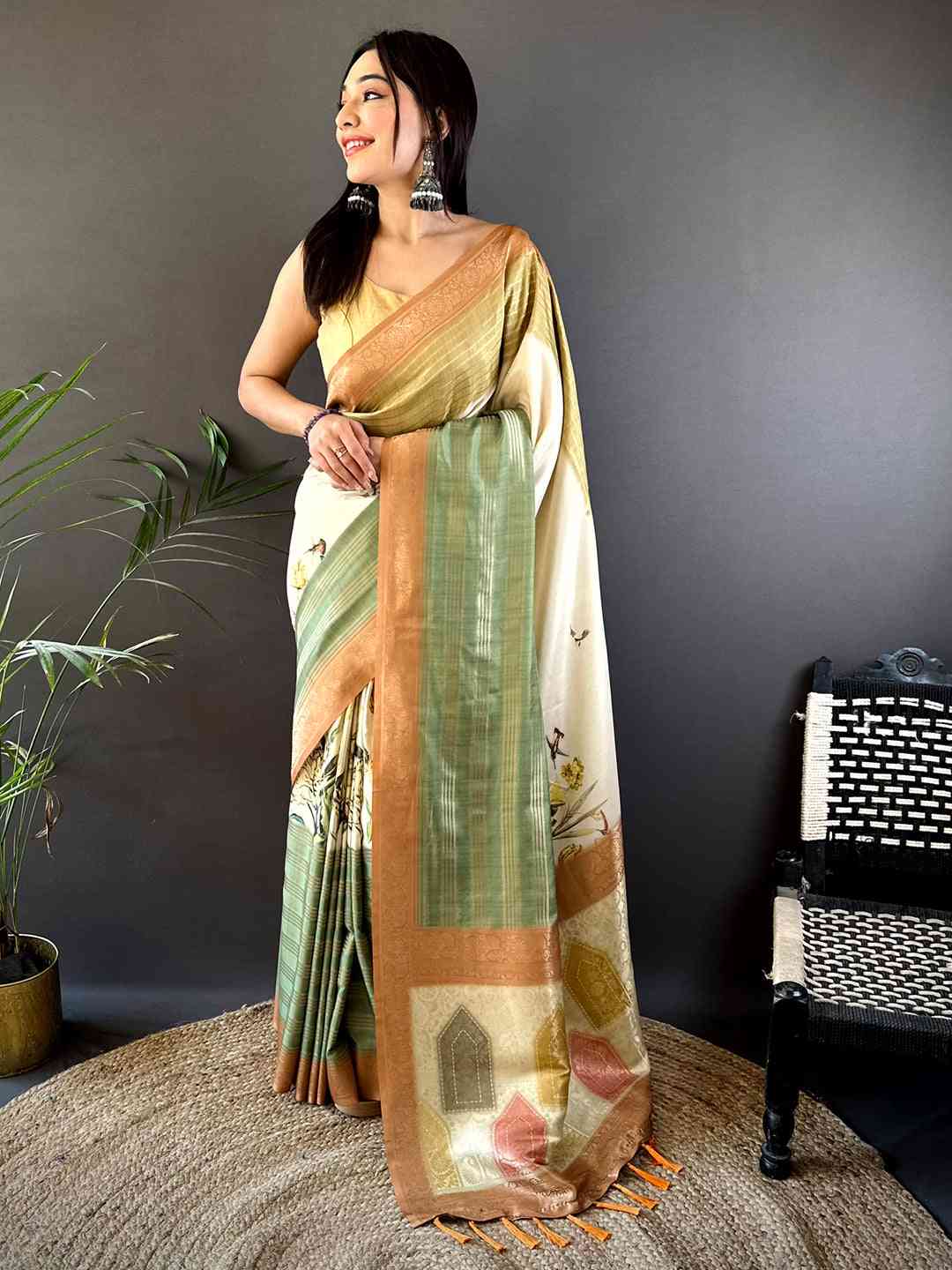 Pastel Cream Soft Crepe Silk Digital Ombre Saree by My Store
