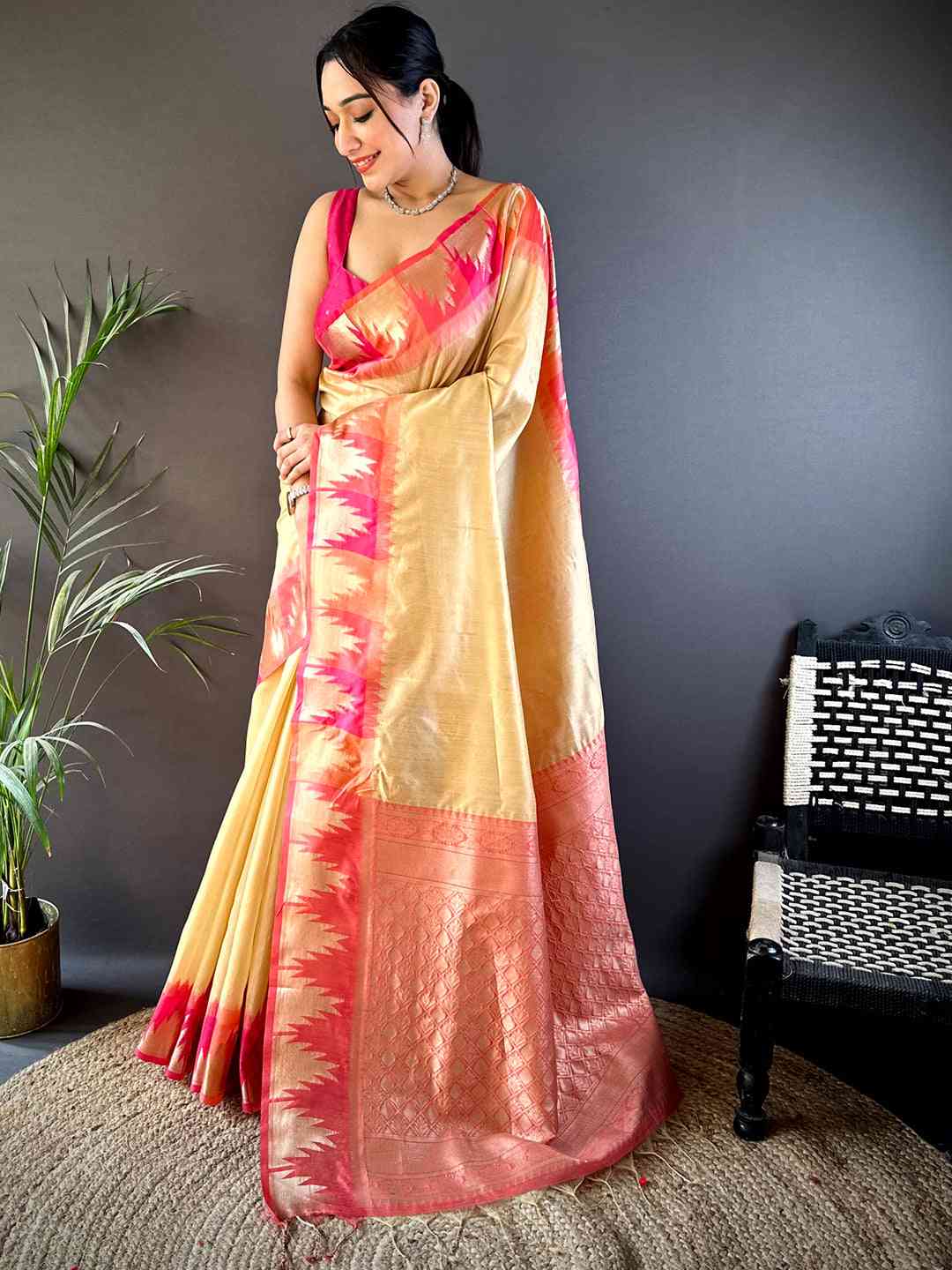 Cream Banarasi Raw Silk Ikkat Saree by My Store