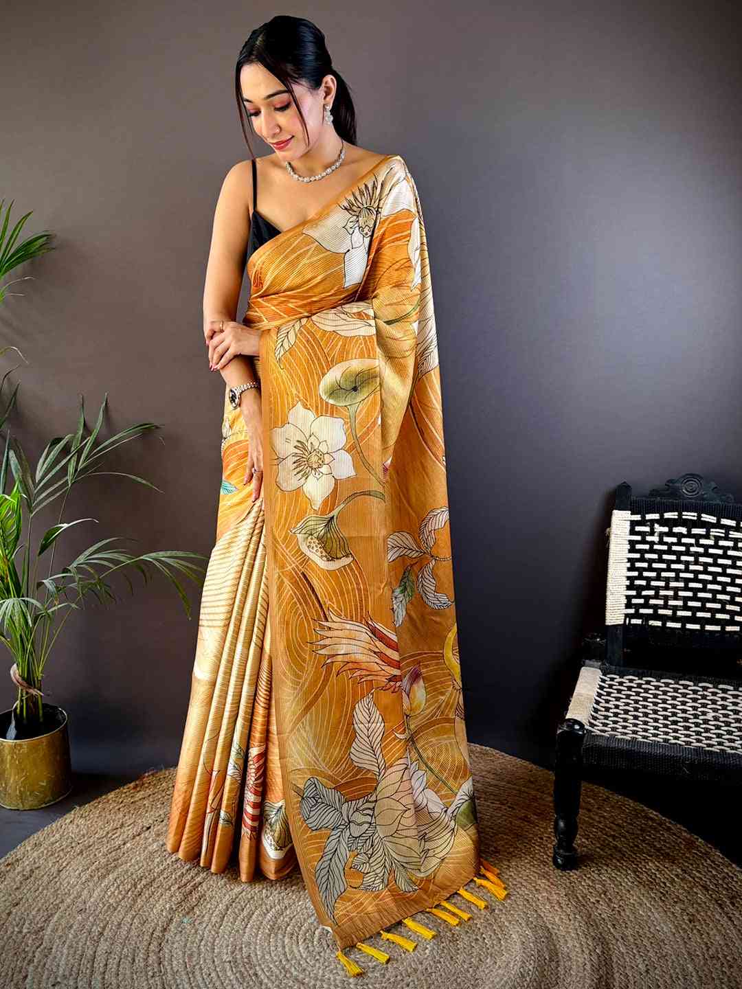 Honey Yellow Semi Zari Tussar Botanical Saree by My Store