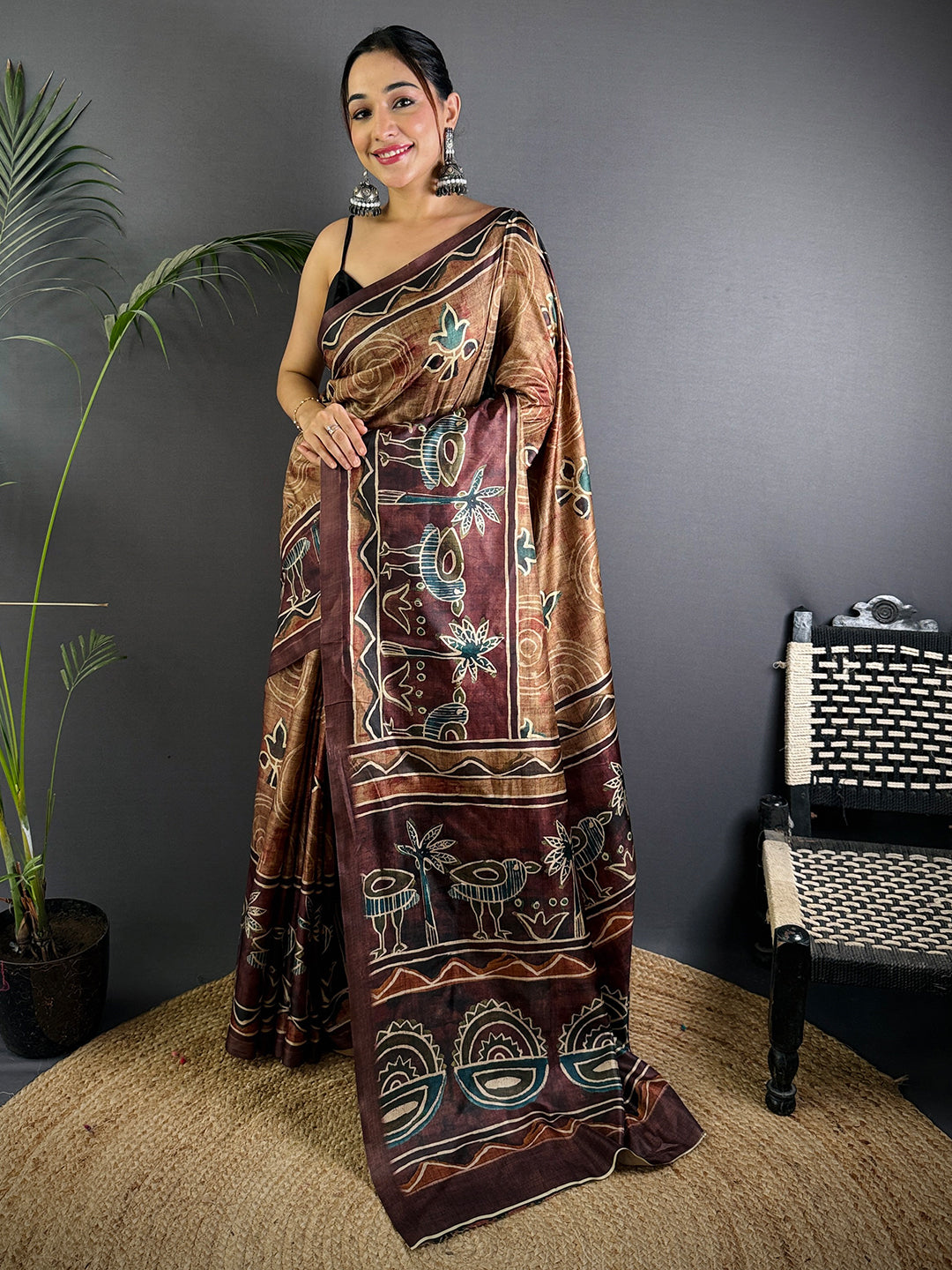 Brown Soft Dola Silk Printed Saree by My Store