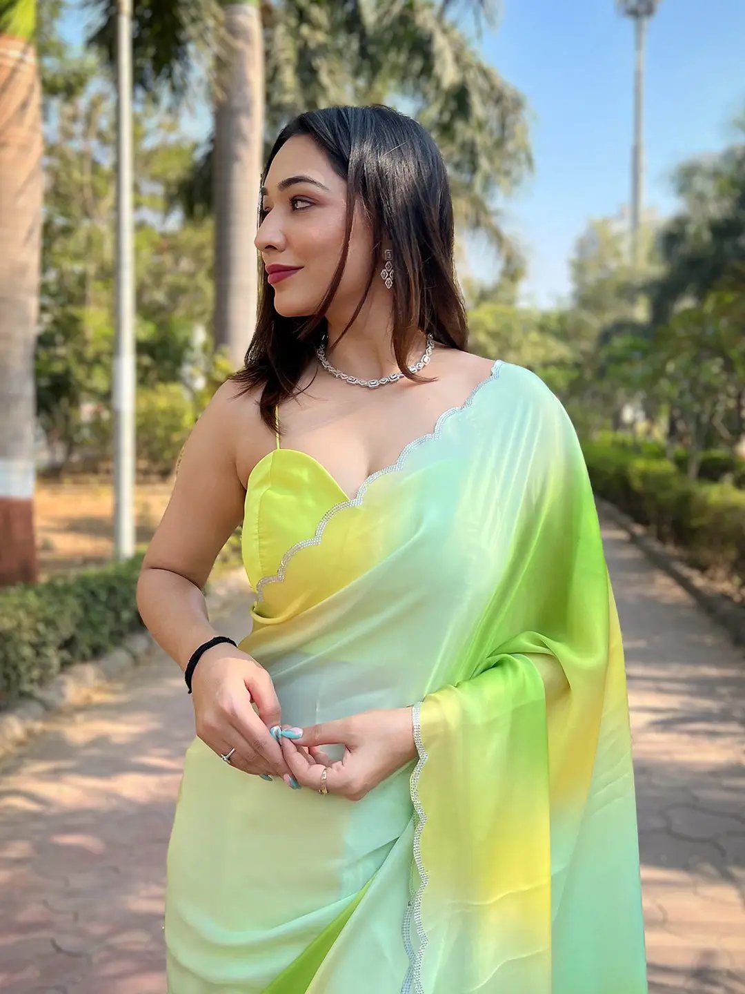 Pista Satin Georgette Saree