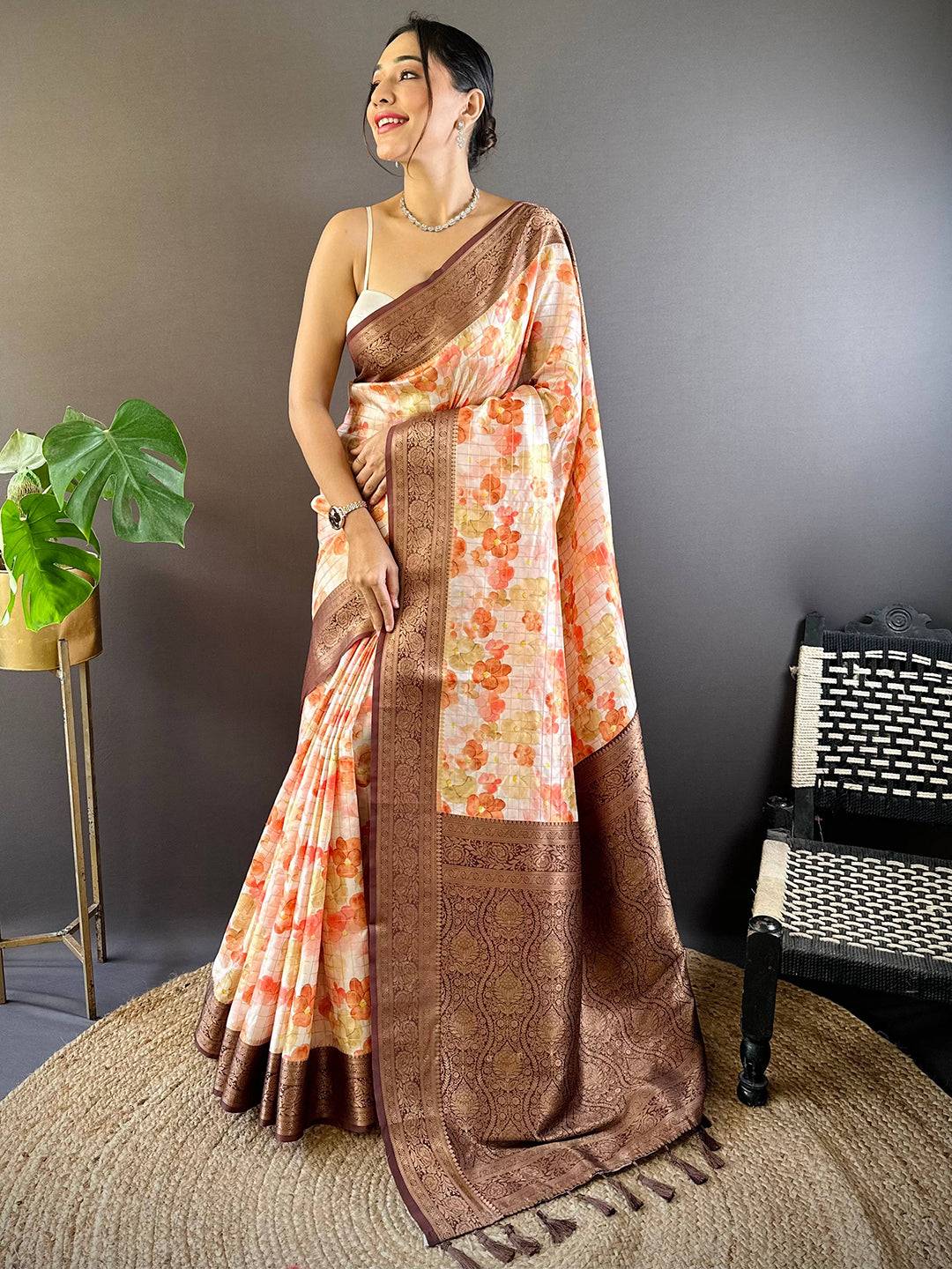 Sunset Orange Floral Saree by My Store