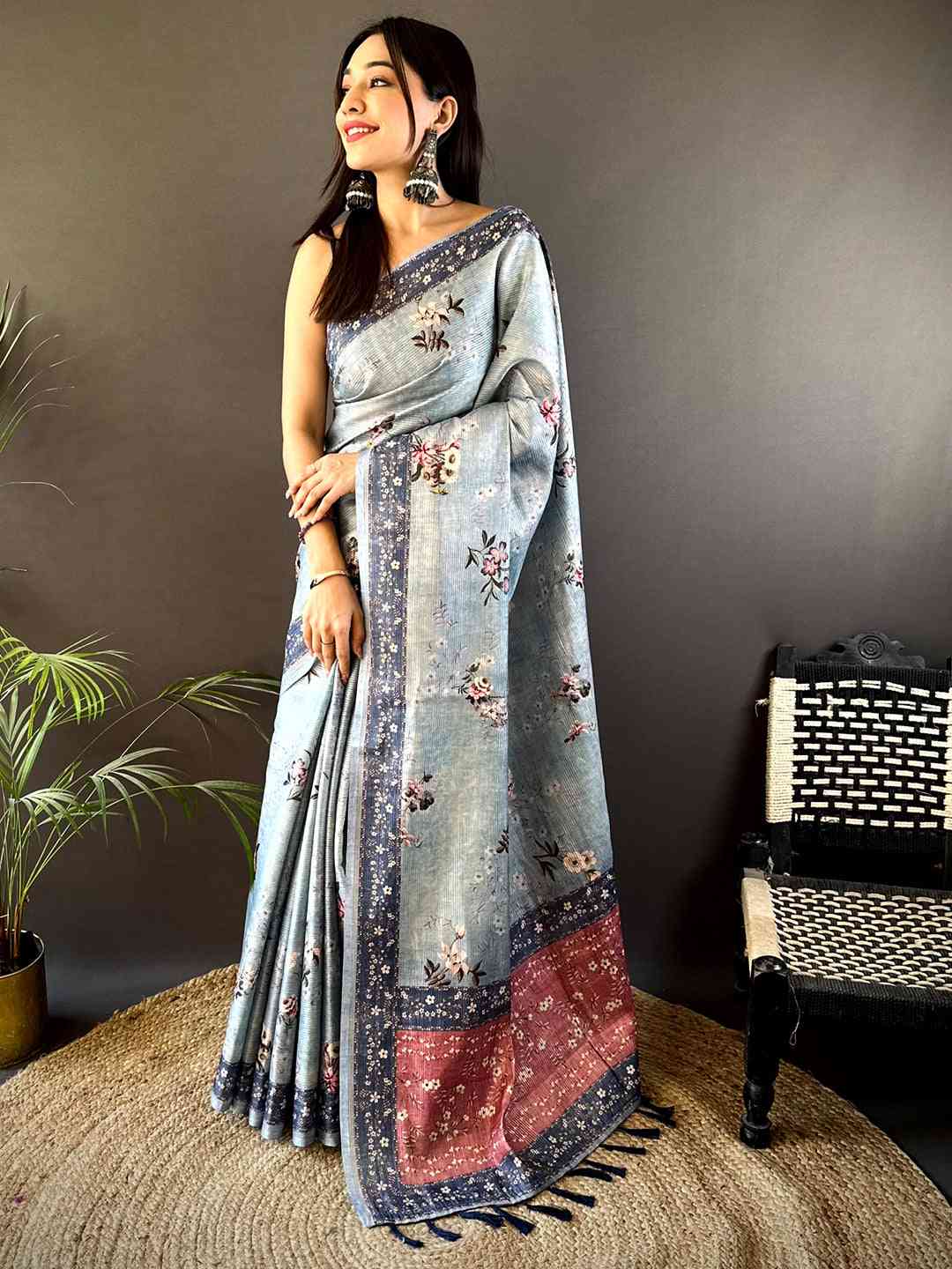 Pastel Blue Zari Tussar Floral Print Saree by My Store