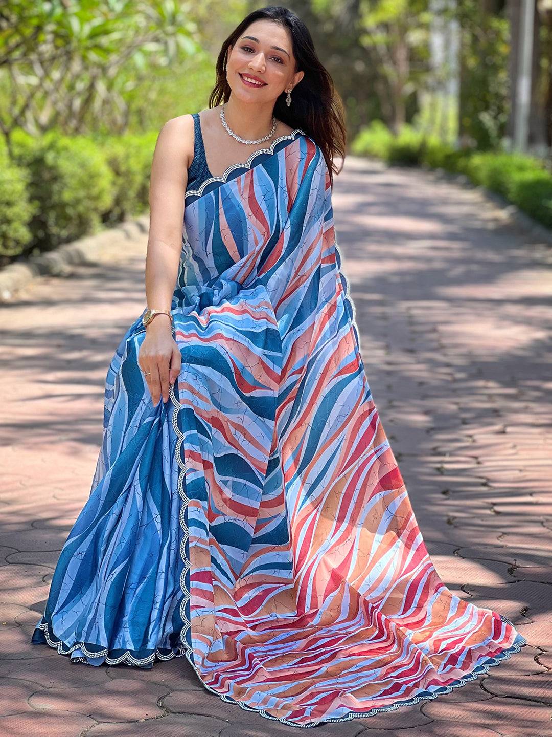 Blue Batik And Polka Dots Print Saree
