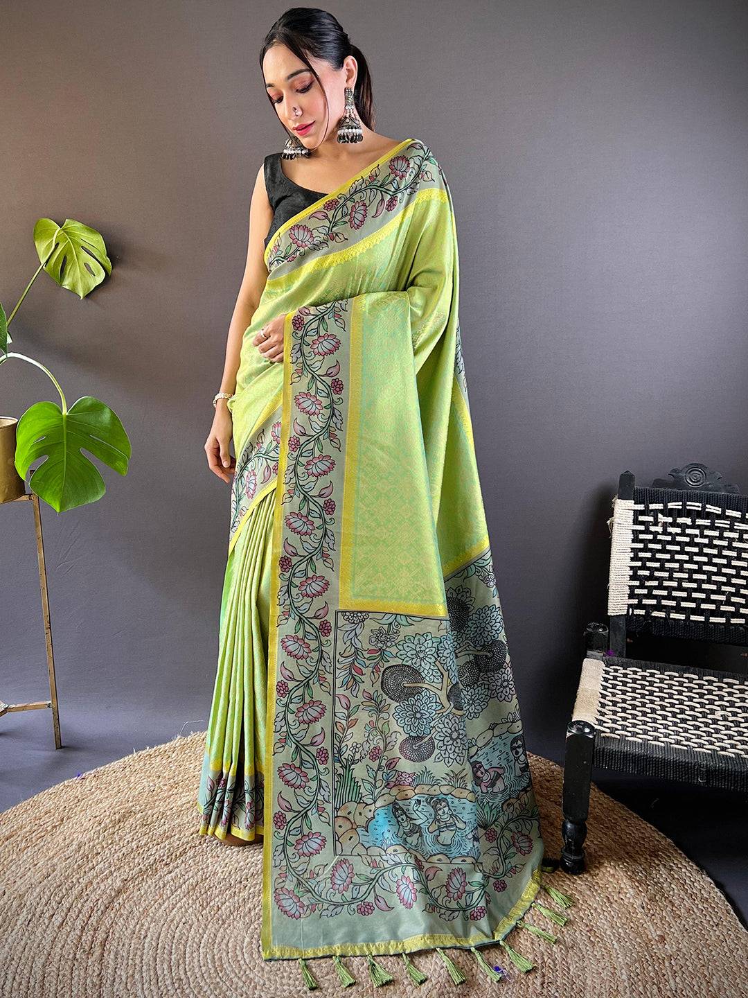 Lime Patola And Kalamkari Fusion Saree by My Store