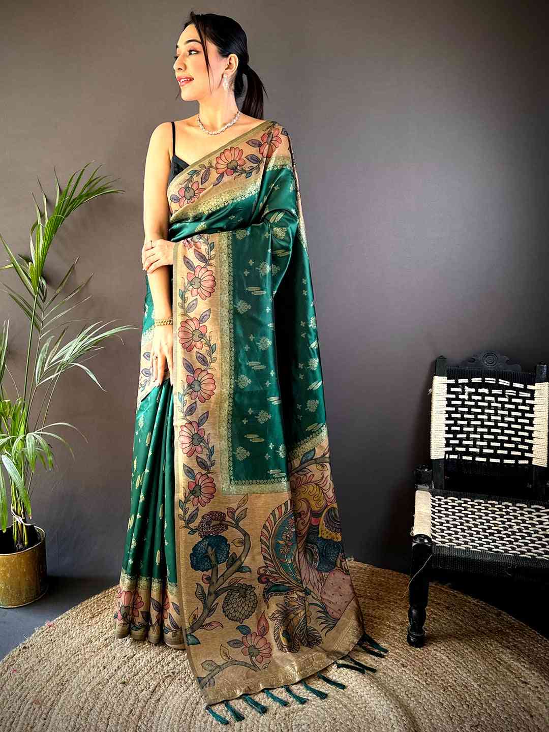 Green Soft Silk Kalamkari Printed Pallu Saree by My Store