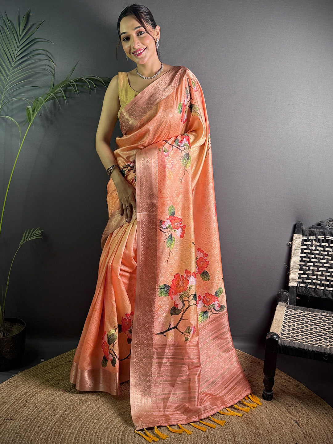 Peach Soft Organza Silk Floral Saree by My Store
