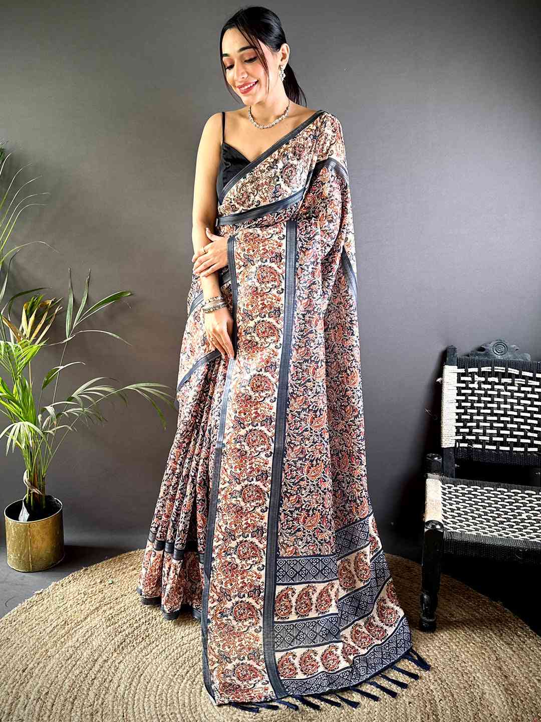 Navy Chanderi Phulkari Floral Digital Print Saree by My Store