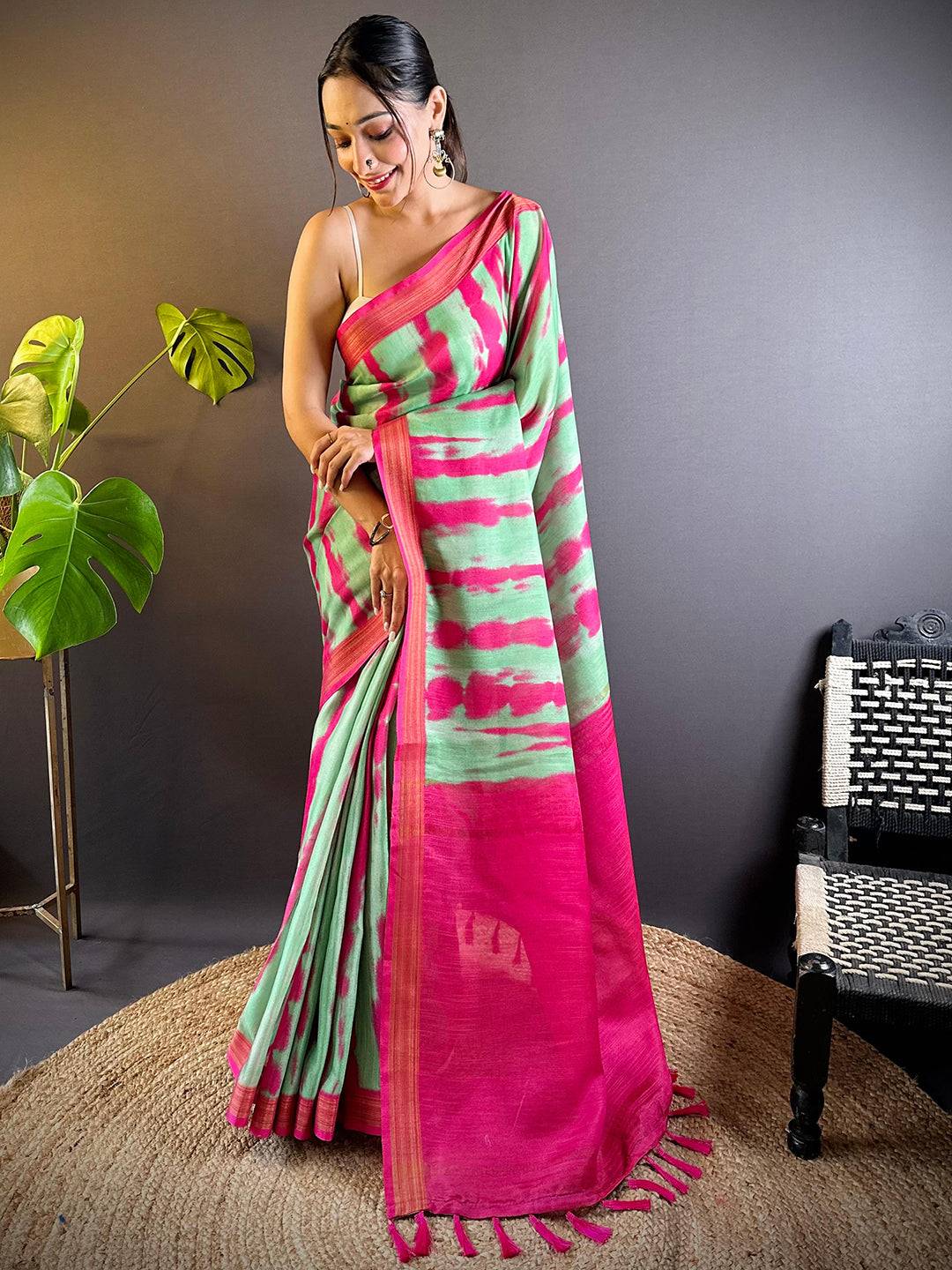 Pista Shibori Print Linen Saree by My Store