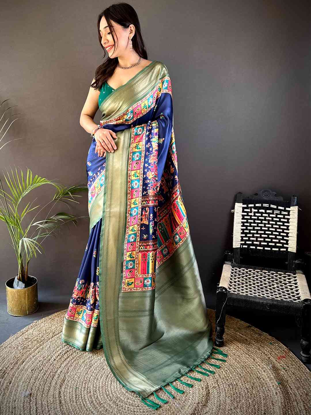 Dark Blue Mughal Kalamkari Print Pashmina Saree by My Store