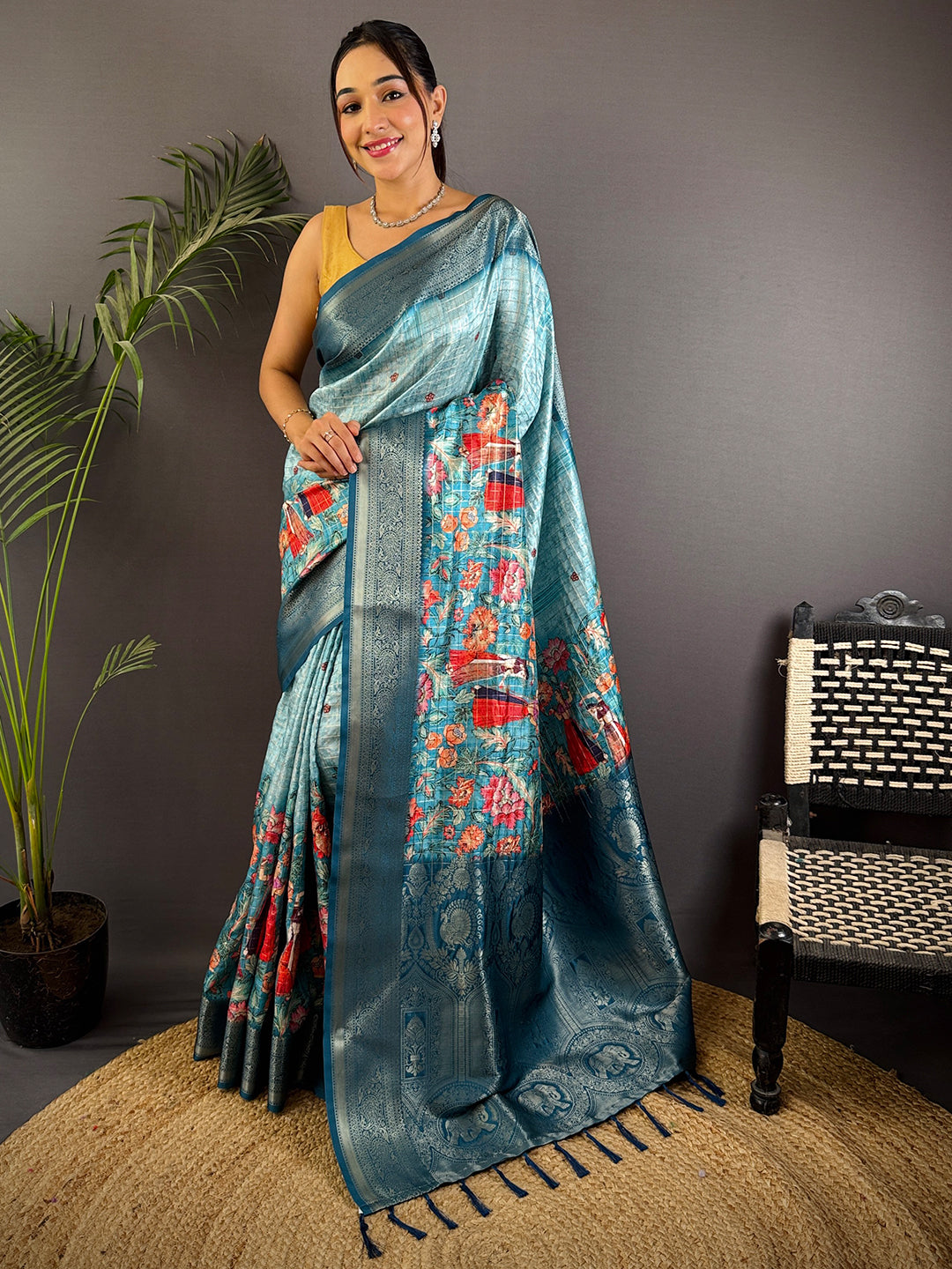 Denim Blue Banarasi Silk Digital Printed Saree by My Store