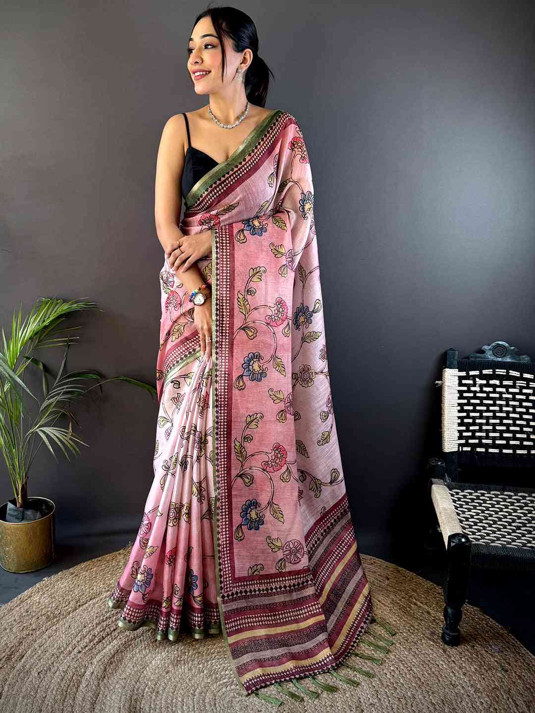 Rose Pink Zari Tussar Floral Saree by My Store