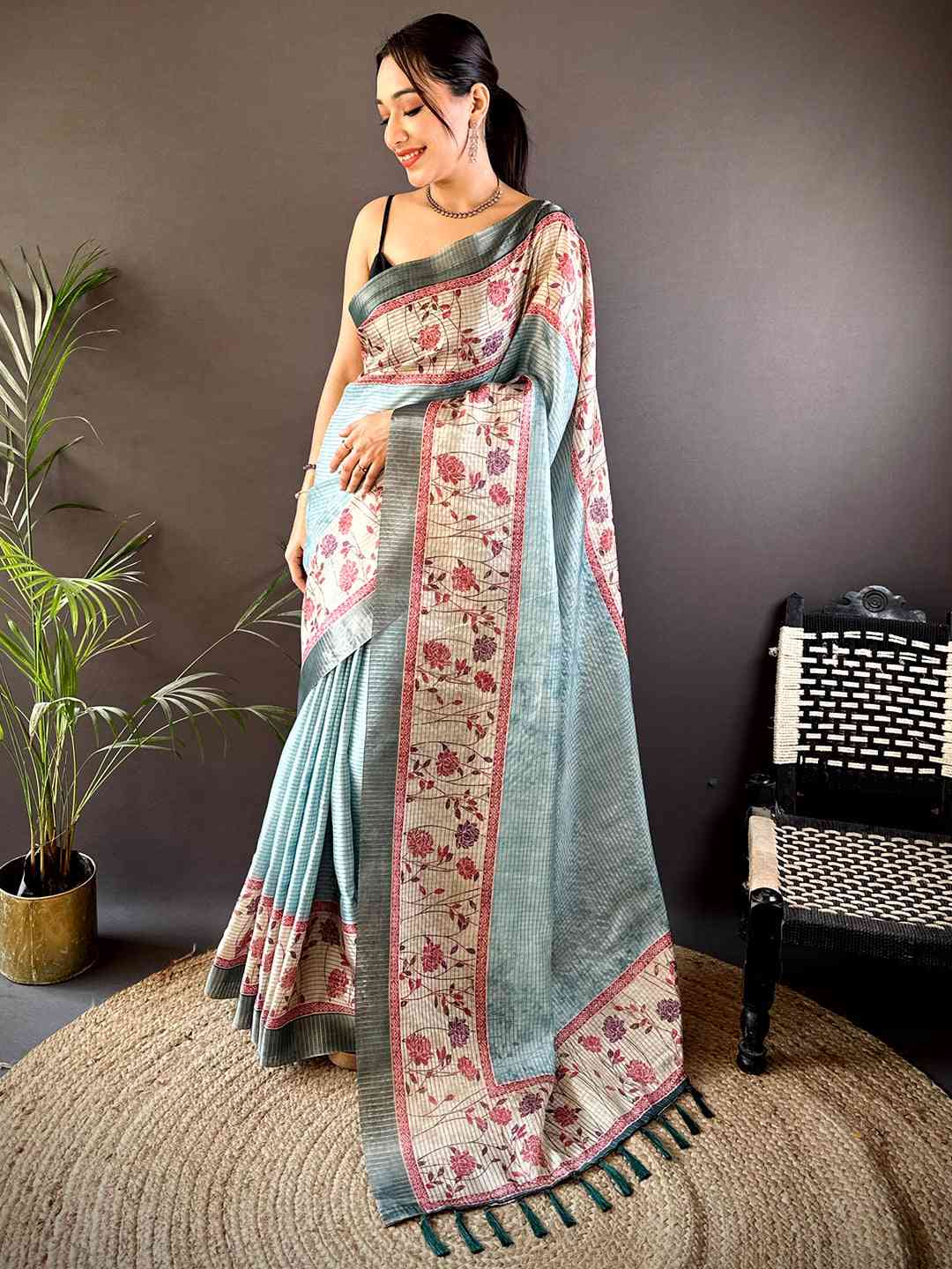 Sky Blue Soft Silk Floral Digital Saree by My Store