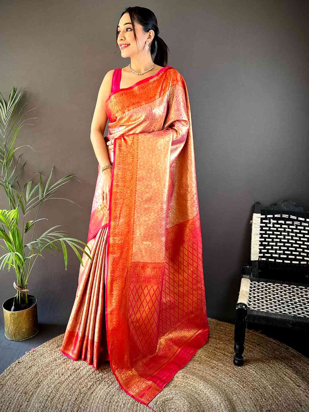 Gold Zari Floral Saree in Pink by My Store