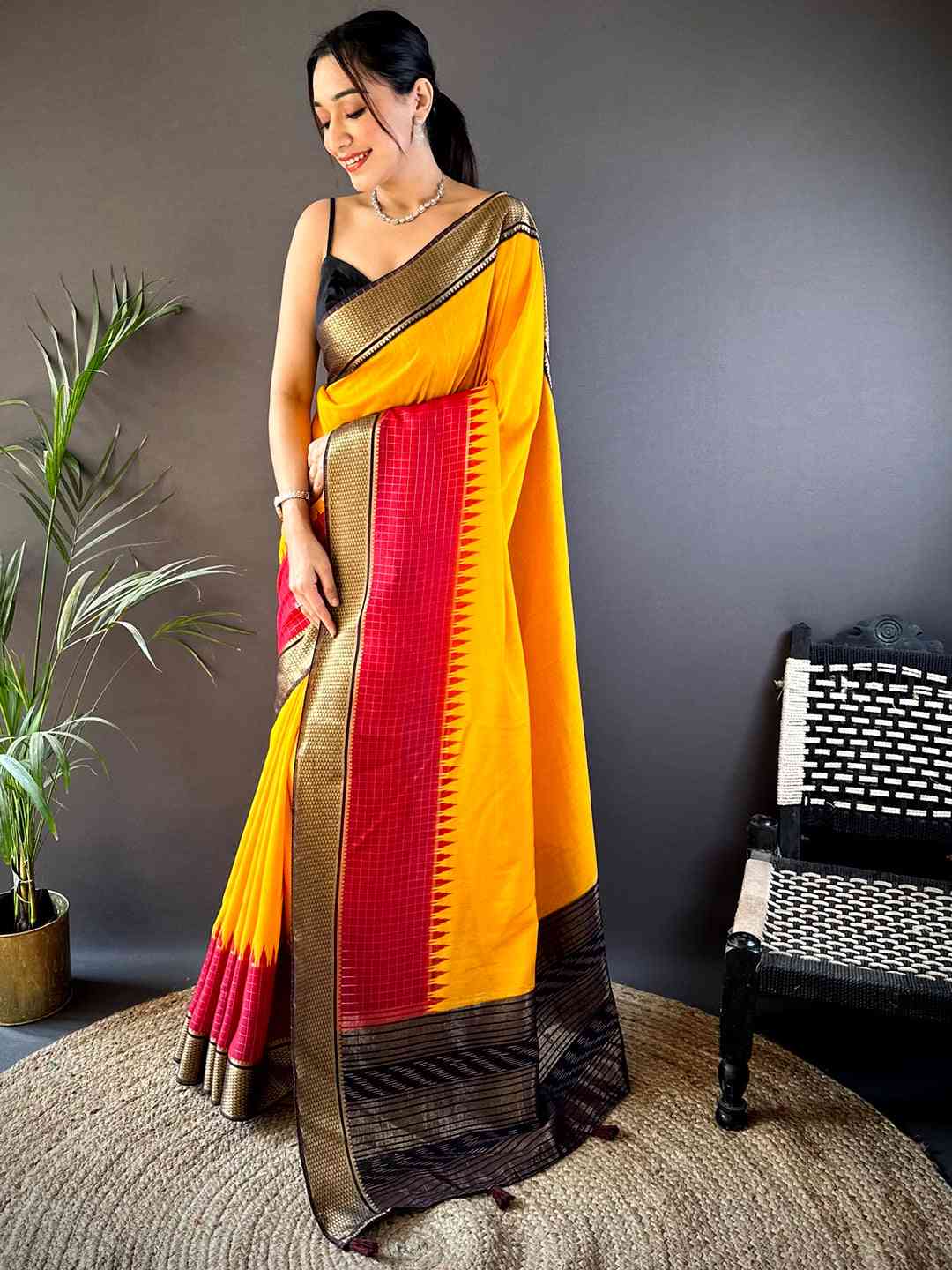 Sunshine Yellow Zari Pallu Cotton Viscose Saree by My Store