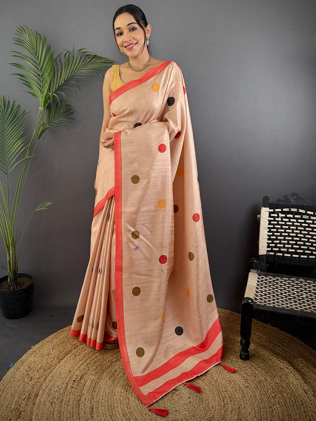 Cream Handloom Ghicha polka Dot Saree by My Store