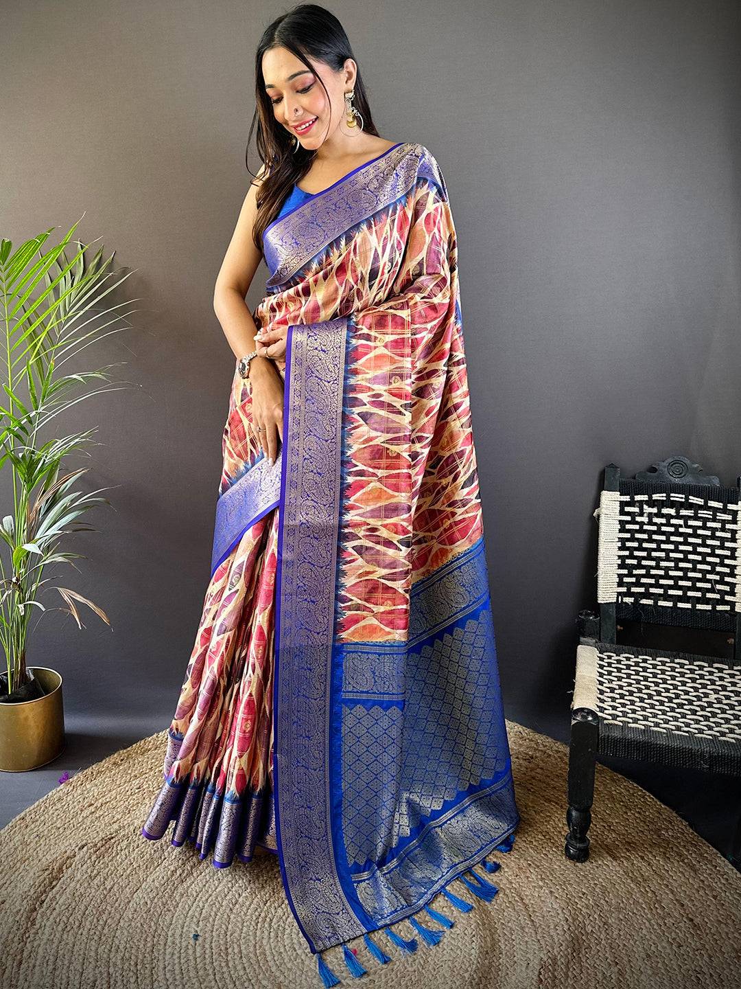 Blue Kovai Rettapet Border Geometric Saree