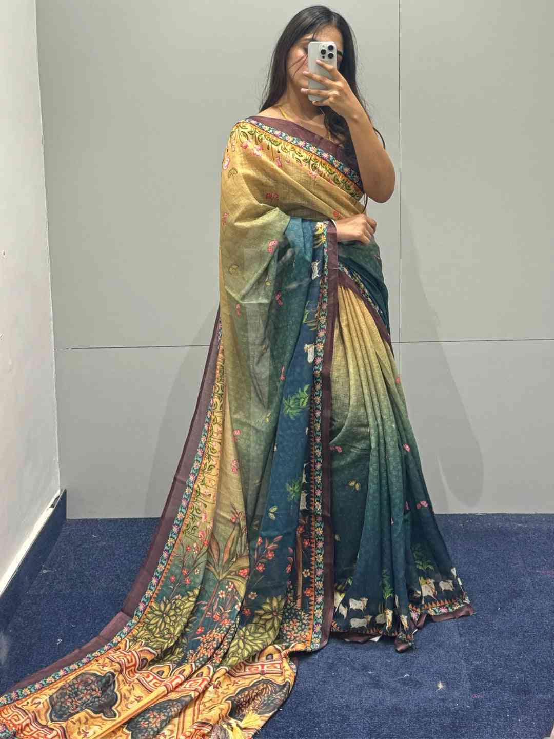 Soft Linen Ombre Pichwai Printed Turquoise Colour Saree by My Store
