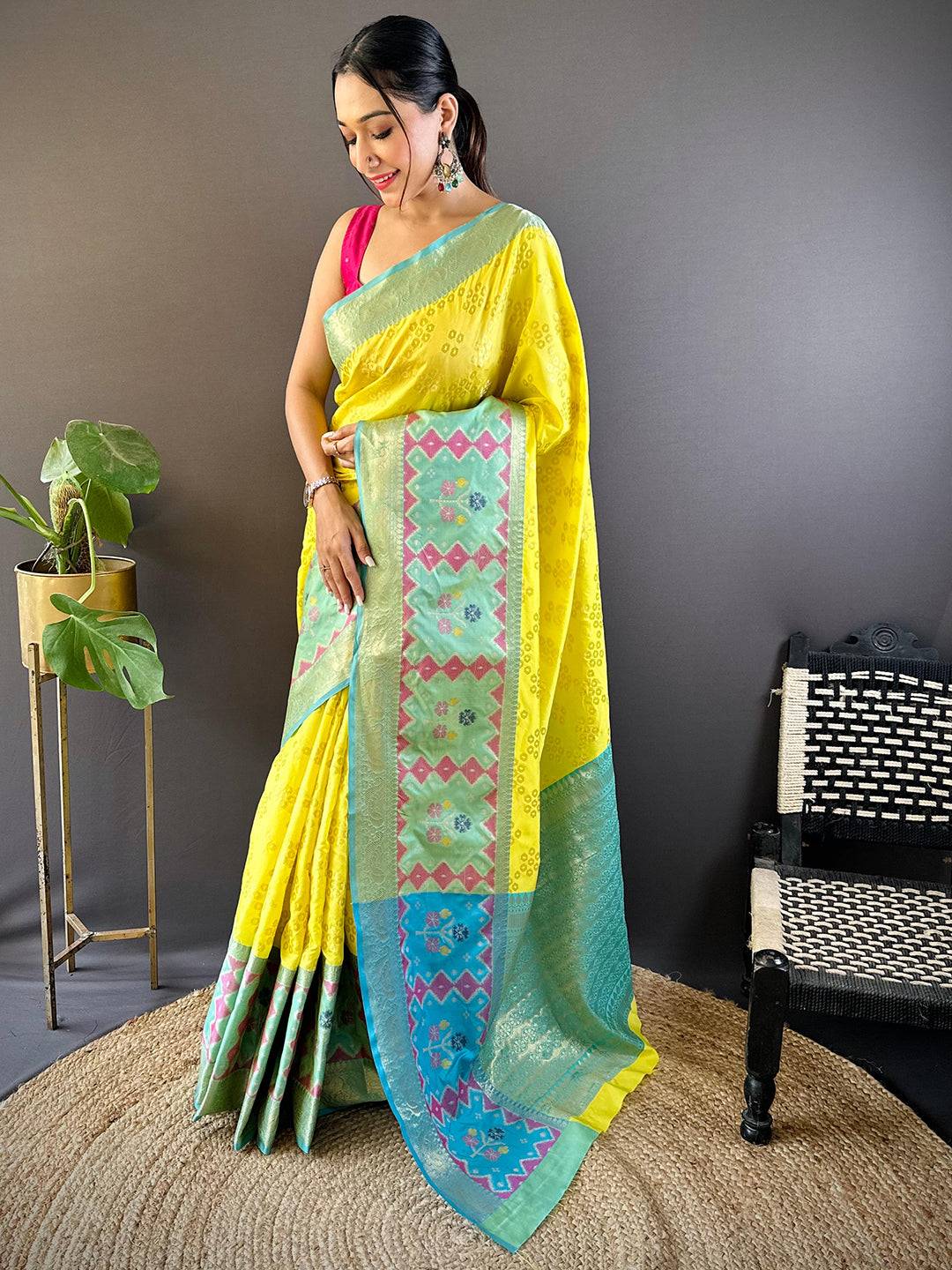 Lime Yellow Katan Silk Ikkat Saree by My Store