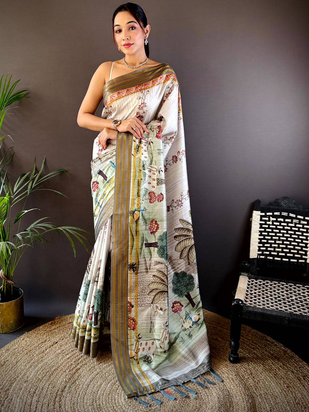 Elegant Soft Silk White Pichwai Prints Saree by My Store