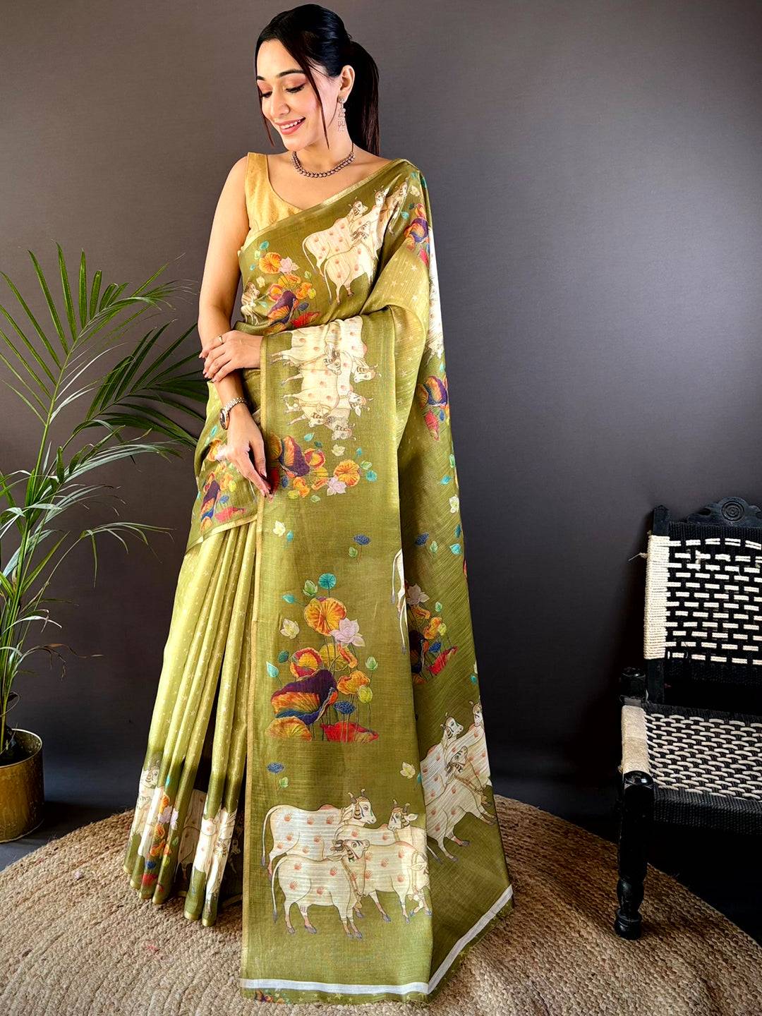 Green Chanderi Pichwai Print Saree by My Store