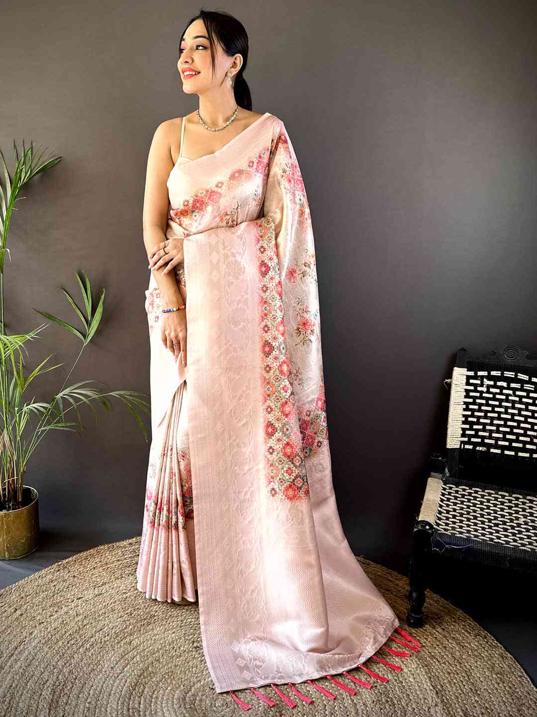 Pastel Pink Kanjivaram Digital Silk Saree by My Store