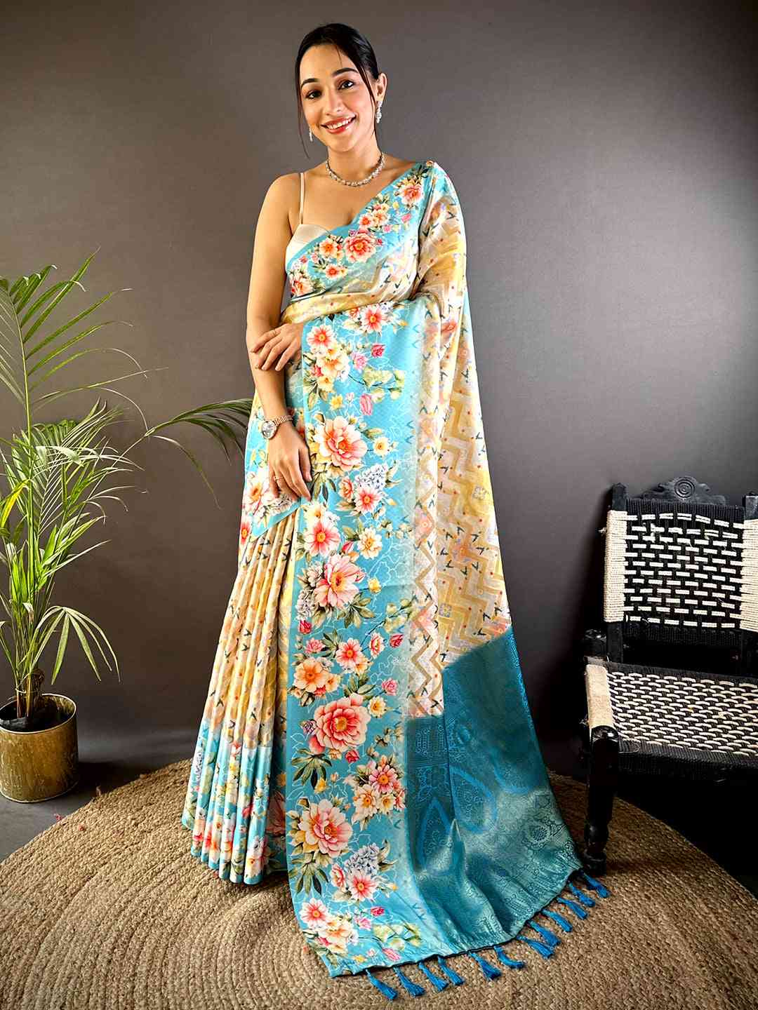 Sky Blue Zari Zigzag Kota Doriya Saree by My Store