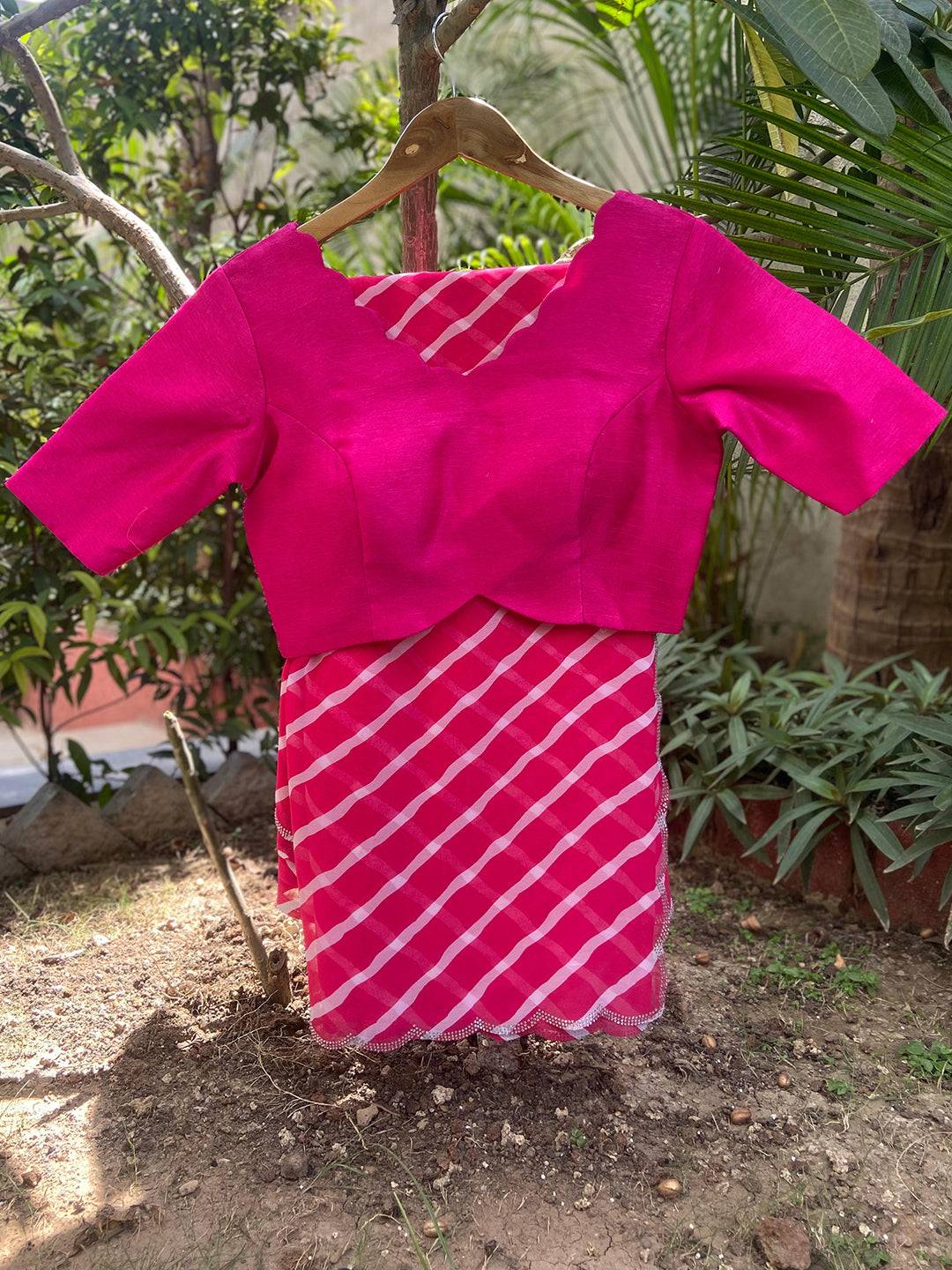 Pink Georgette Leheriya Print Swaroski Cut Work Border Saree by My Store