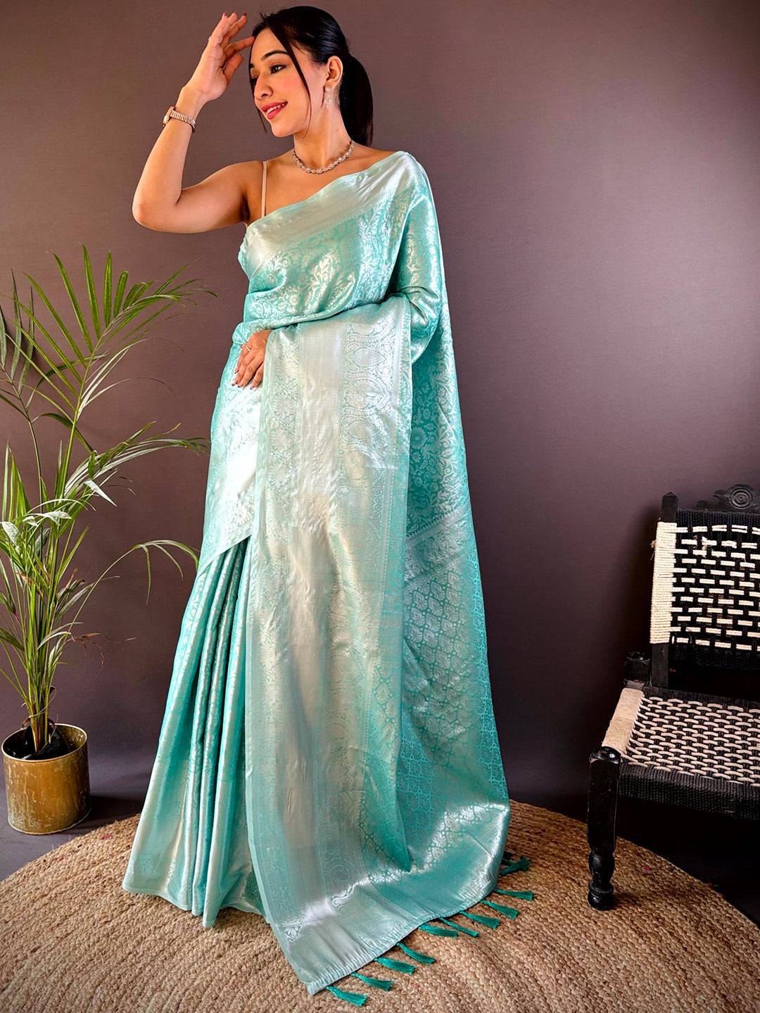 Sky Blue Banarasi Kanjivaram Silk Saree by My Store