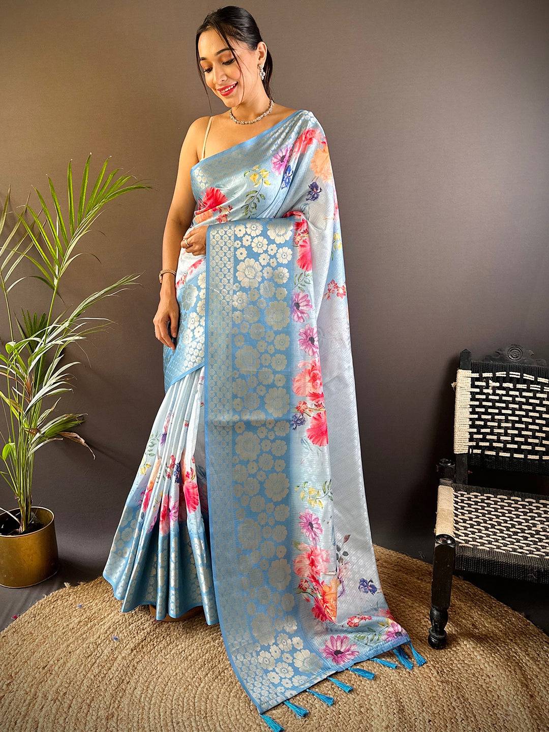 Sky Blue Kota Doriya Zari Floral Kanchi Border Saree by My Store