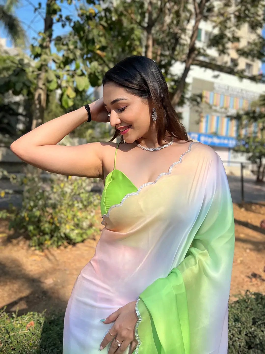 Green Satin Georgette Saree by My Store