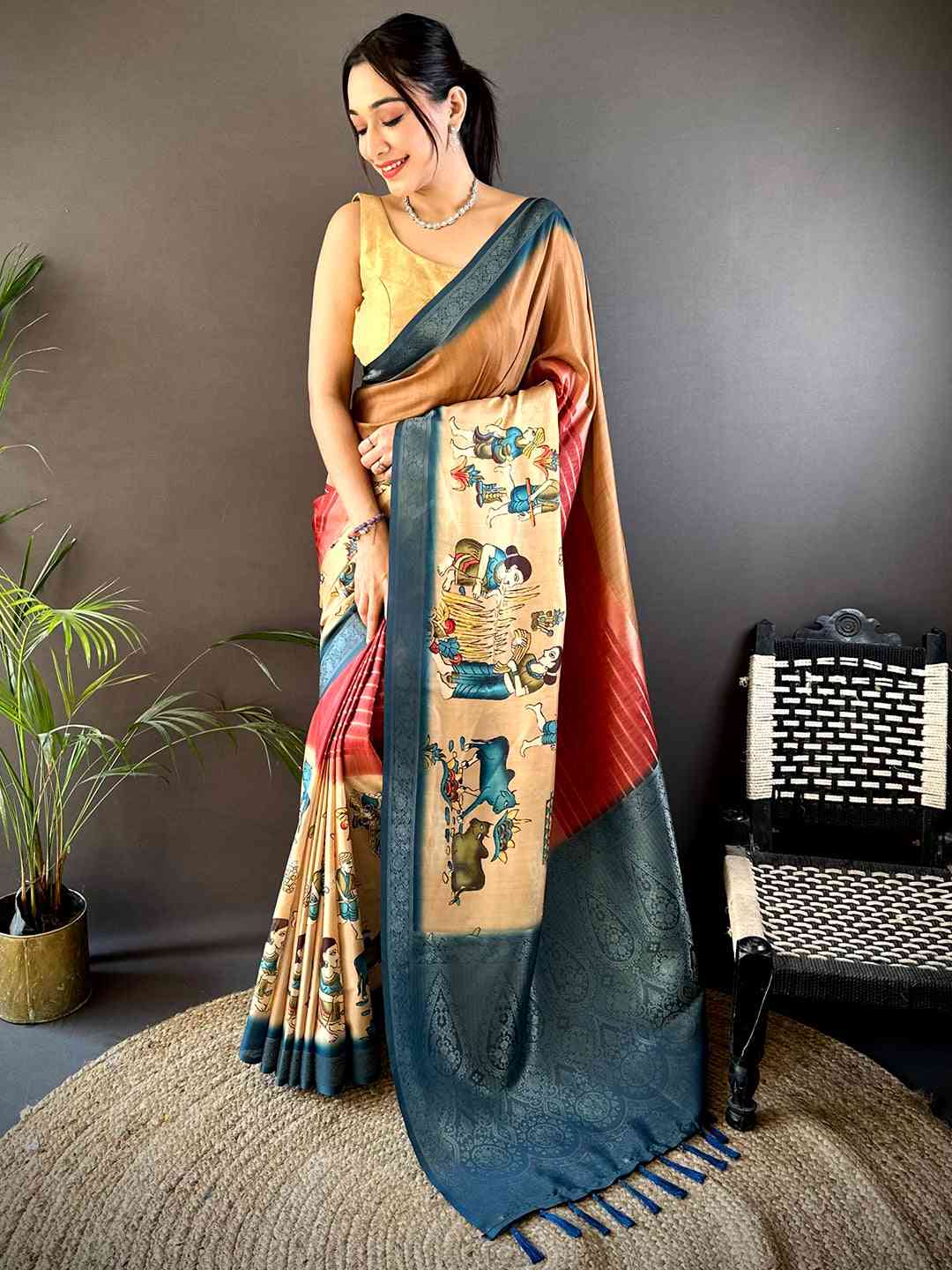 Coffee Brown Kalamkari Ombre Soft Silk Saree by My Store