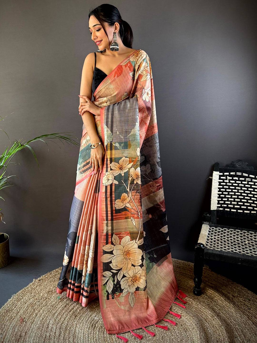 Pink Semi-Gold Zari Abstract Tussar Saree by My Store