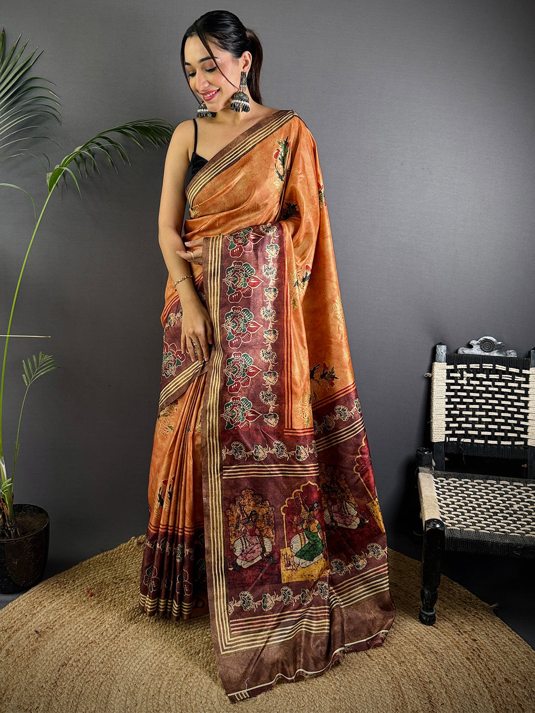 Rust Soft Dola Silk Printed Saree by My Store