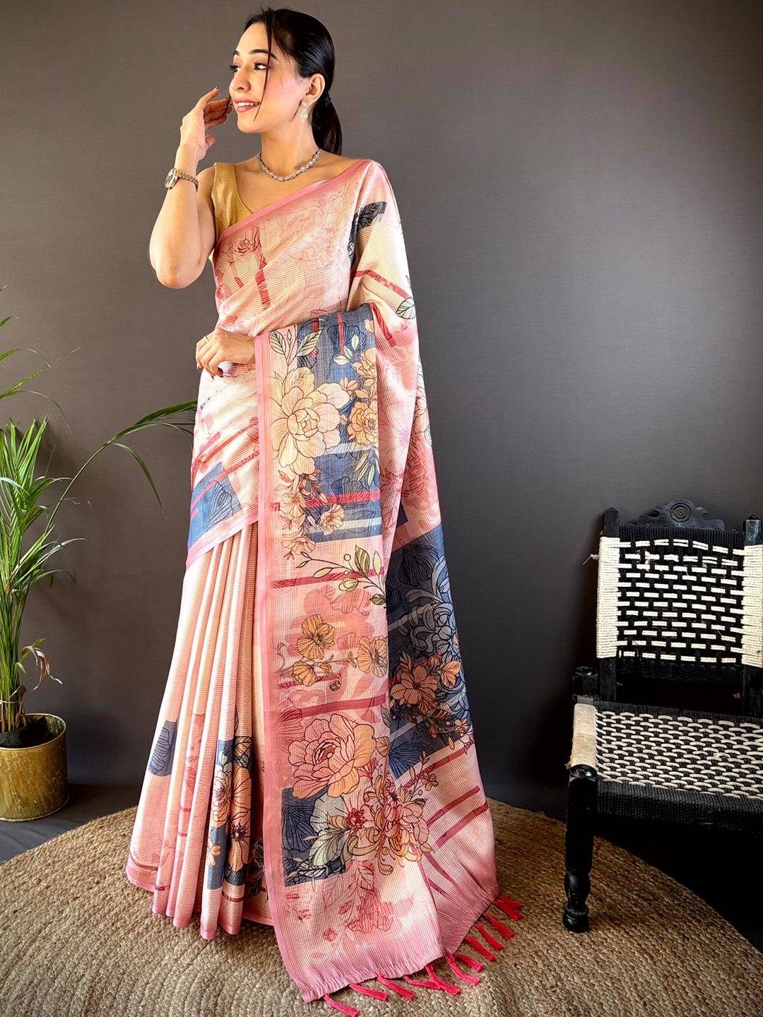 Rose Pink Tussar Floral Saree by My Store