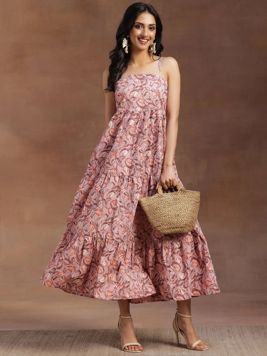 Peach Printed Cotton Fit and Flare Dress by My Store
