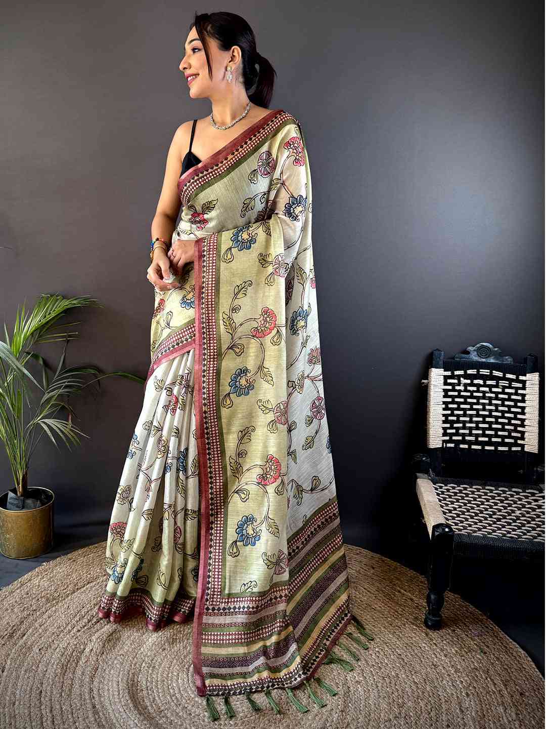 Swamp Green Zari Tussar Floral Saree by My Store