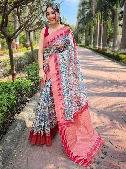 Latest Slub Tussar Silk Madhubani Kalamkari Block Print Saree by My Store